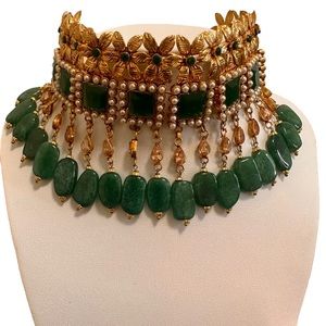Green Bridal Choker Necklace Jhumka Earrings Jewellery Set